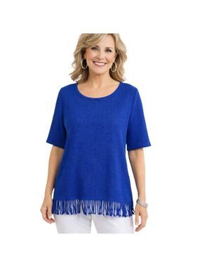 Chico's Blue Fringe Hem Short Sleeve Sweater Med/8 (Chico's 1)